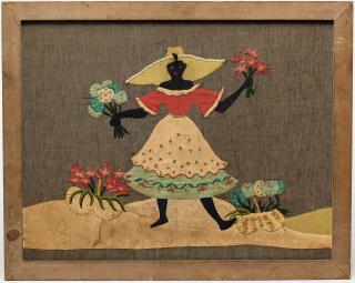 Appraisal: African Americana Woman gathering flowers fabric collage and embroidery Image