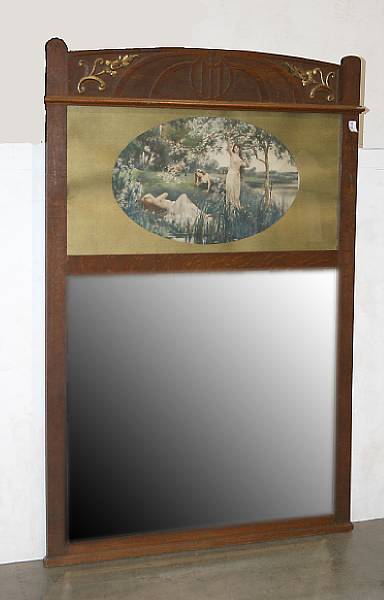 Appraisal: An Arts and Crafts oak and parcel gilt trumeau mirror