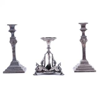 Appraisal: Collection of Three Art Nouveau Silver Plate Candlesticks All unsigned