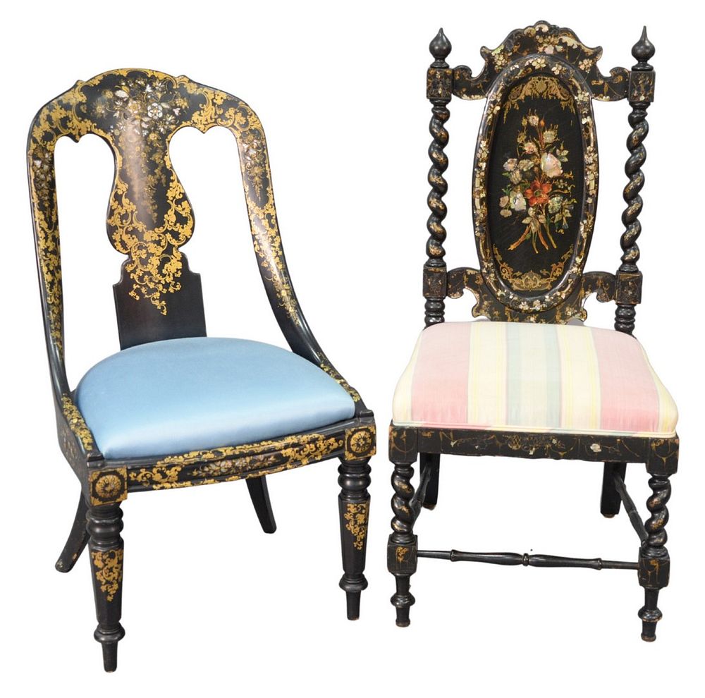 Appraisal: Two Victorian Black Lacquered Ladies Chairs having mother of pearl