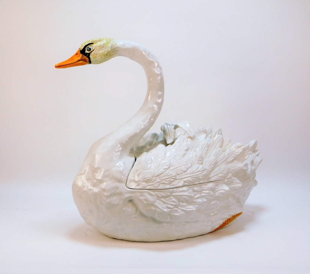 Appraisal: MEISELMAN ITALIAN PORCELAIN SWAN COVERED TUREEN ItalyMid th CenturyLarge polychromatic