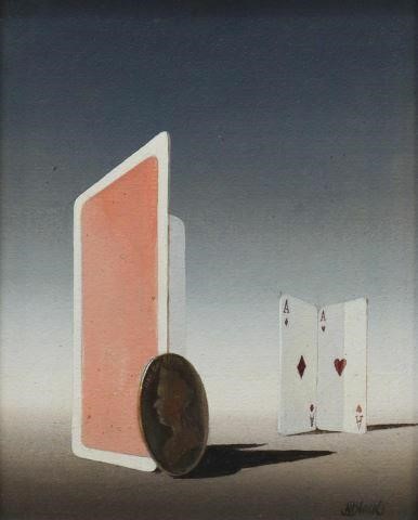 Appraisal: Framed oil on board painting Surrealist Playing Cards and Coin