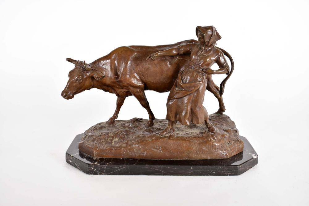 Appraisal: AFTER CHARLES VALTON FRENCH - PEASANT WOMAN WITH COW BRONZESigned