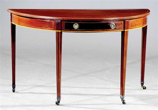 Appraisal: Regency inlaid mahogany demilune console table first quarter th century