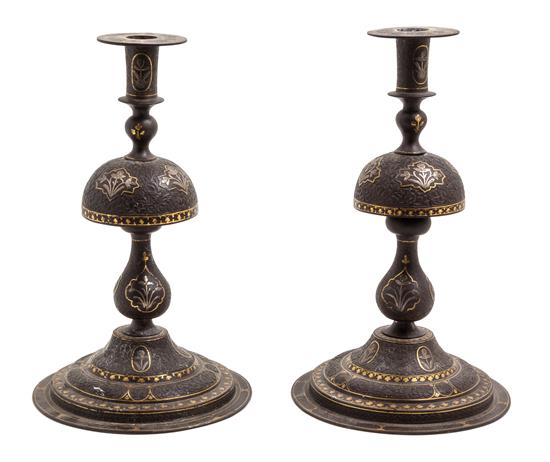 Appraisal: Sale Lot A Pair of Syrian Metal Inlaid Candlesticks late