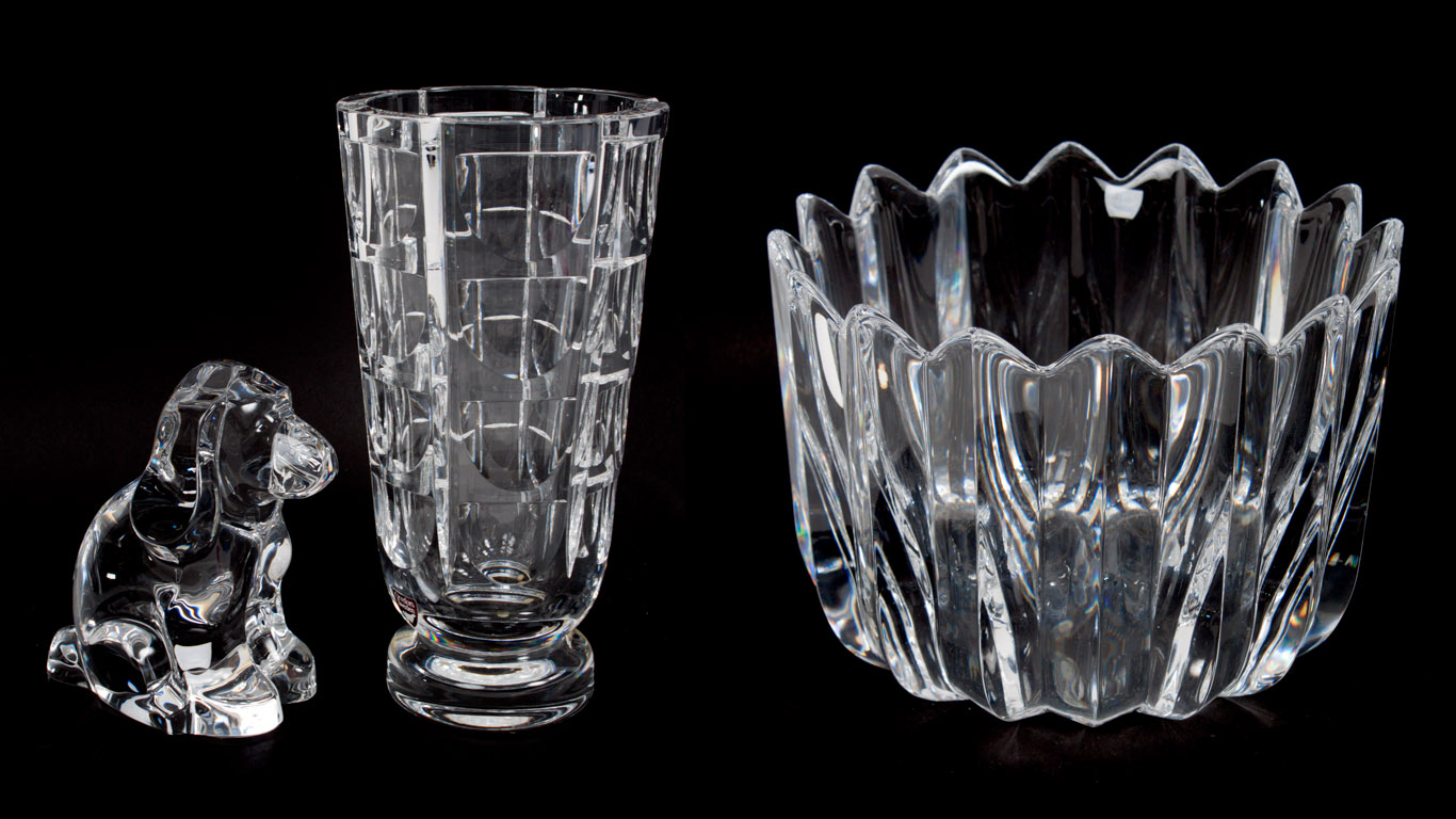 Appraisal: Three Orrefors glass objects including dog floral-form bowl and vase