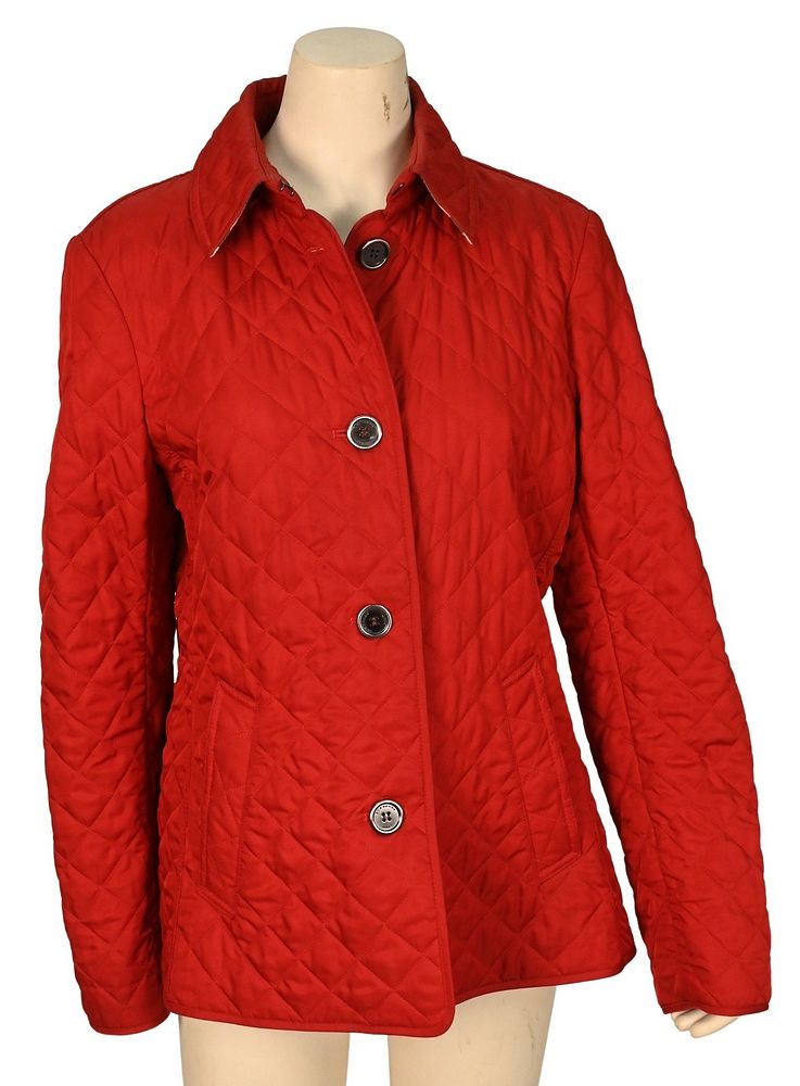 Appraisal: Burberry Red Diamond Quilted Short Jacket having classic plaid lining