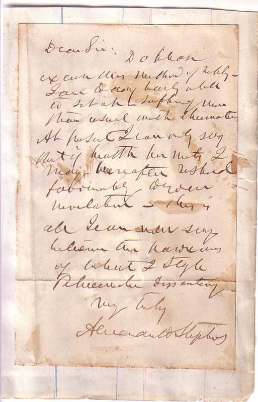 Appraisal: CIVIL WAR STEPHENS ALEXANDER H Brief Autograph Letter Signed to