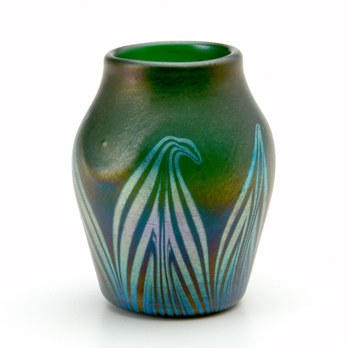 Appraisal: L C TIFFANY Favrile glass cabinet vase with blue pulled-feather