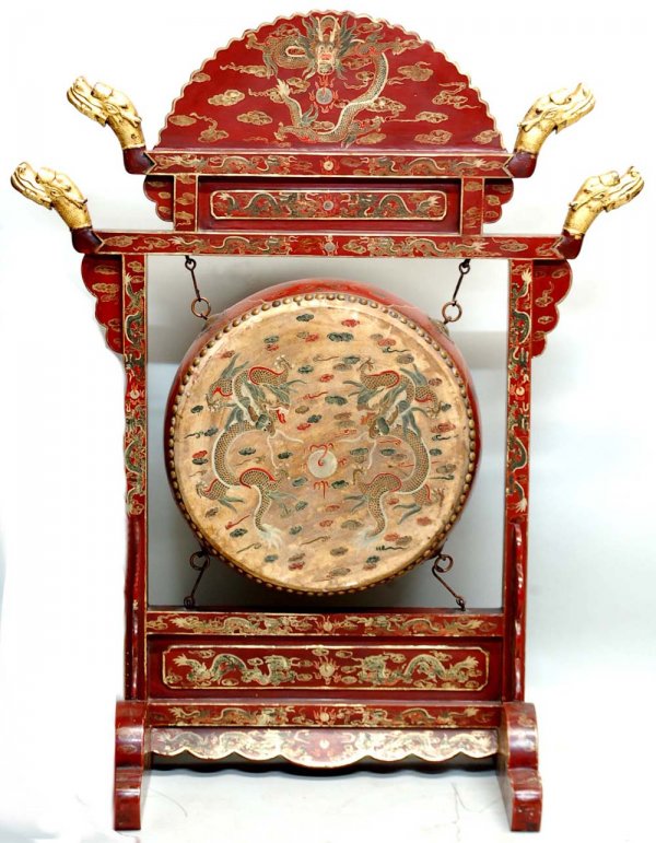 Appraisal: Chinese drum on stand Red lacquer with polychrome decoration of