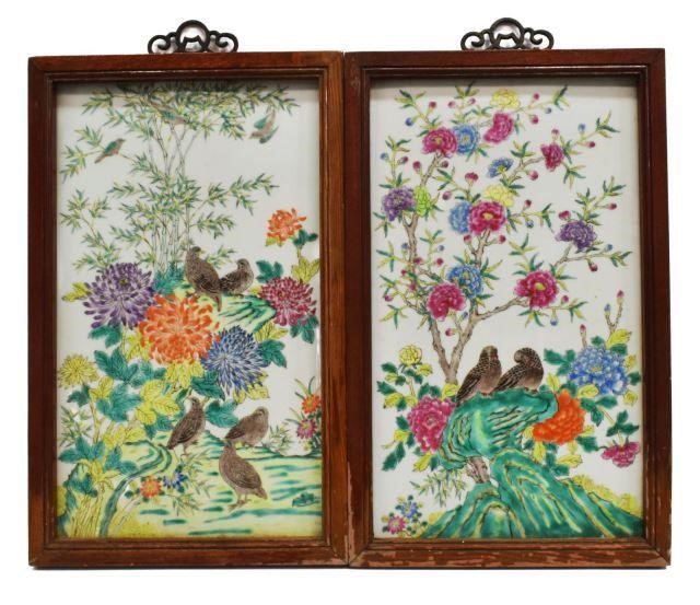 Appraisal: pair Framed Chinese famille rose porcelain wall panels depicting a