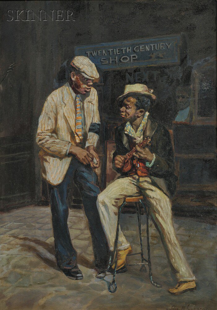 Appraisal: American School th Century Portrait of African-American Street Buskers Signed