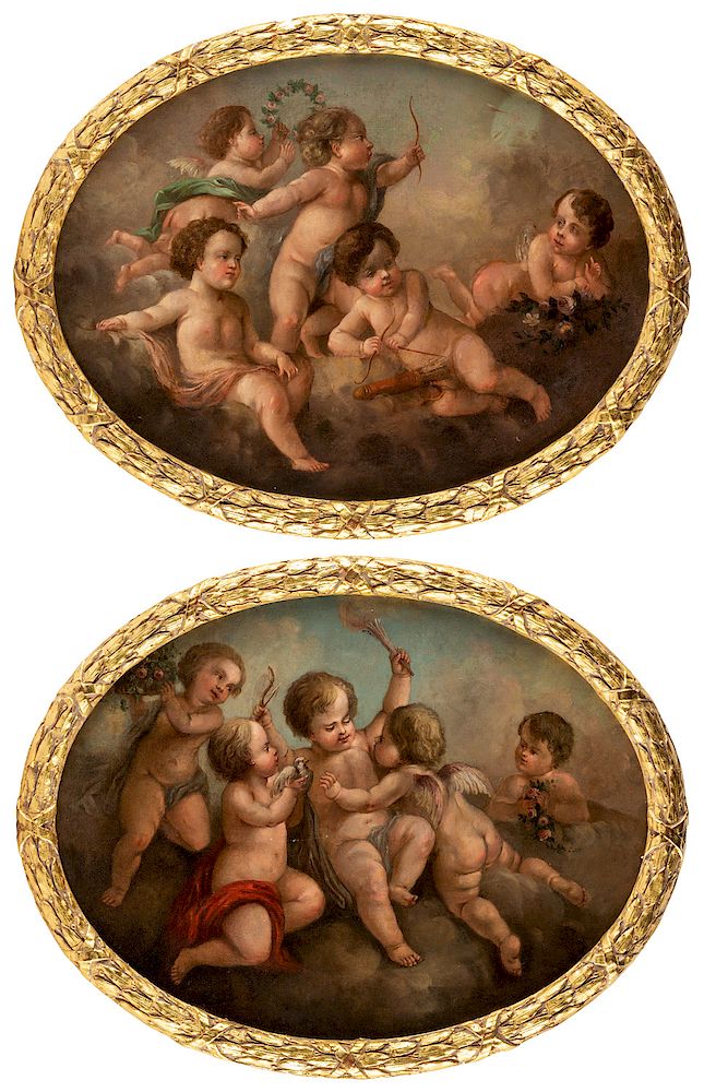 Appraisal: A PAIR OF EARLY TH CENTURY OVAL PAINTINGS OF CHERUBIM