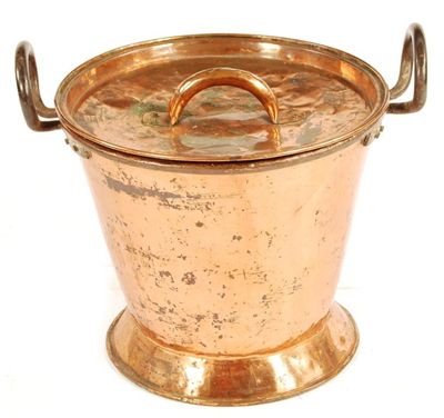 Appraisal: A copper coal bin with cover and wrought iron open