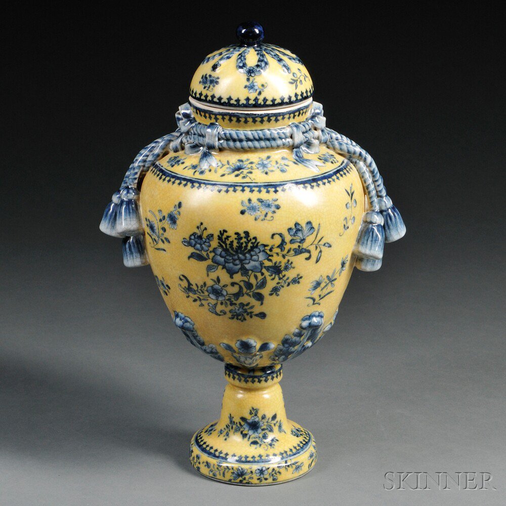 Appraisal: Export Footed Covered Urn China decorated with blue and white