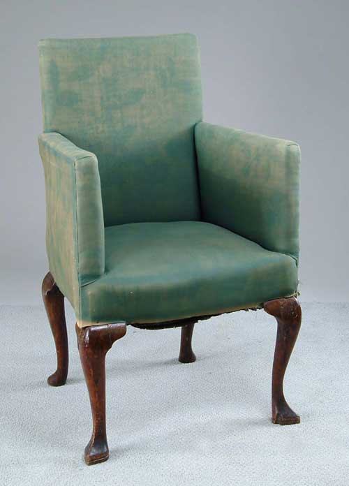 Appraisal: EARLY QUEEN ANNE UPHOLSTERED ARMCHAIR Square back with square arms