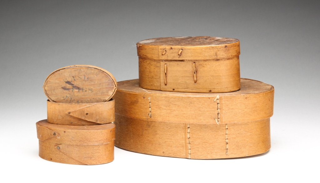 Appraisal: FOUR AMERICAN PANTRY BOXES Second half th century Oval bentwood