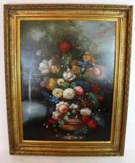 Appraisal: Large scale floral oil on canvas in gilt frame h