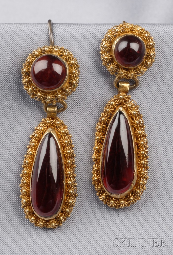 Appraisal: Antique kt Gold and Garnet Earpendants each designed as a