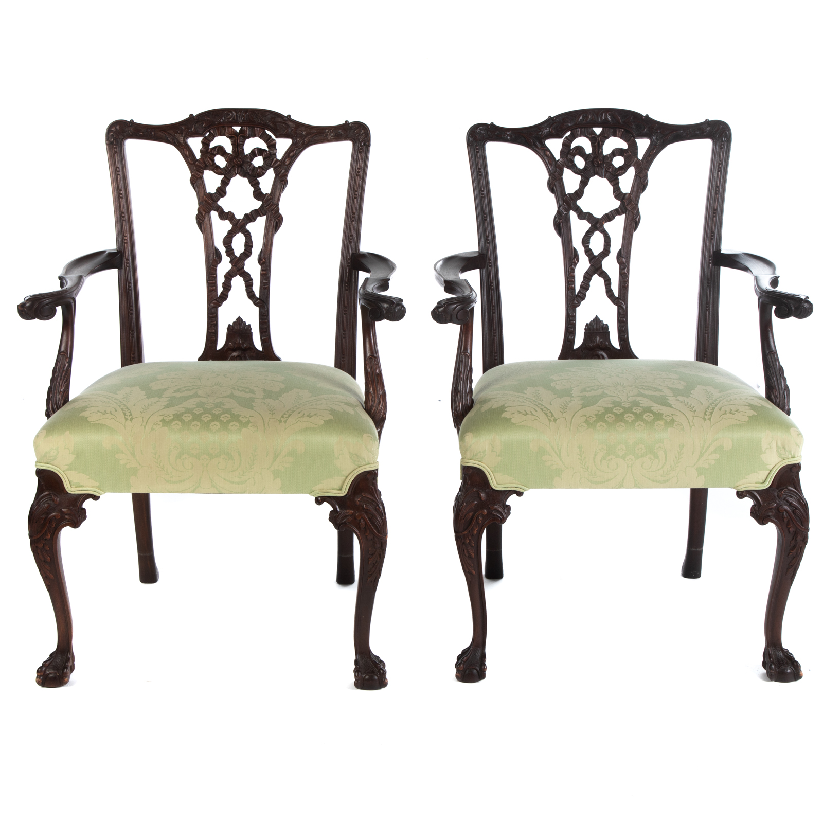 Appraisal: PAIR OF GEORGE III STYLE MAHOGANY RIBBON BACK CHAIRS Elaborately