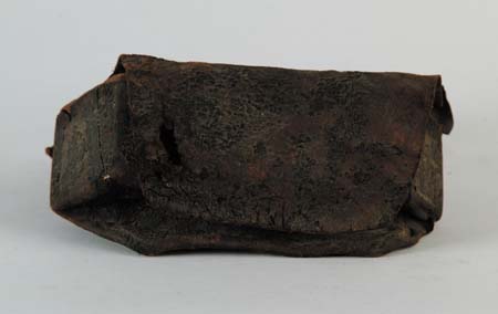 Appraisal: EARLY WOOD AND LEATHER CARTRIDGE CASE Trapezoid shaped with holes