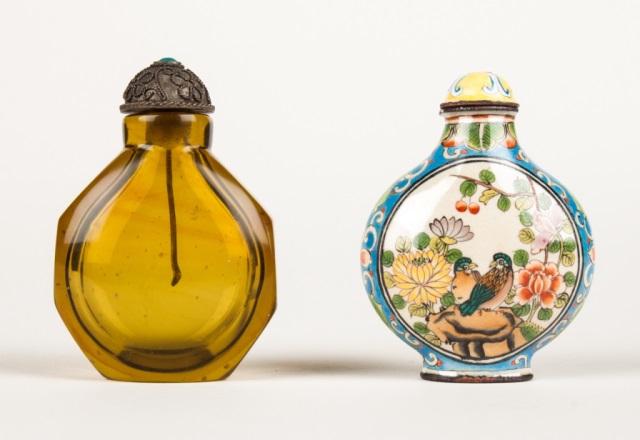 Appraisal: Two Chinese snuff bottles enamel on metal with bird and