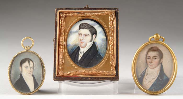 Appraisal: THREE MINIATURE PORTRAITS OF MEN ON IVORY Shoulder length oval