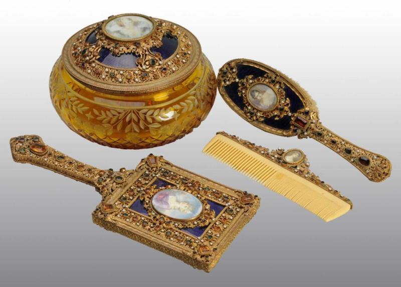 Appraisal: Heavily Jeweled -Piece Victorian Vanity Set Description Includes one mirror