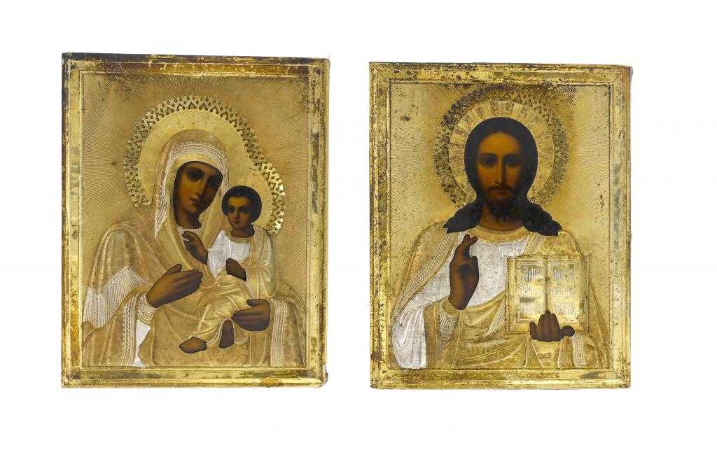 Appraisal: TWO RUSSIAN SILVER GILT ICONS OF CHRIST PANTOCRATOR AND THE