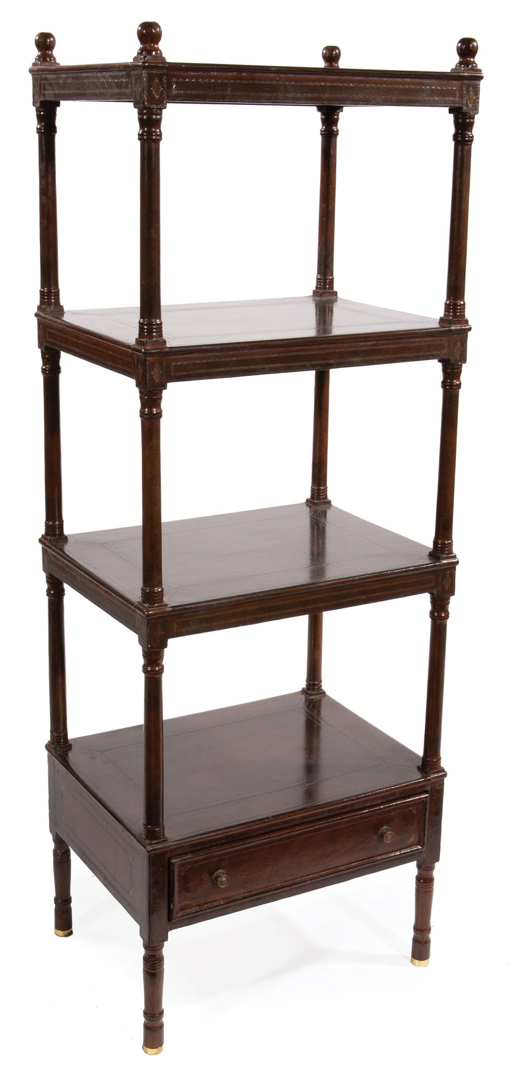 Appraisal: Regency-Style Mahogany Etagere labeled Maitland Smith four tooled leather shelves