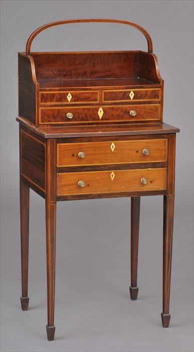 Appraisal: REGENCY INLAID MAHOGANY WORK TABLE The three-drawer superstructure with arched