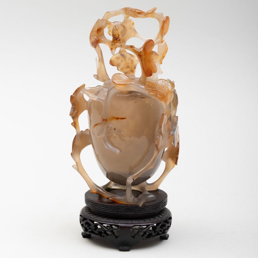 Appraisal: Chinese Agate Vase and Cover With wood stand in high