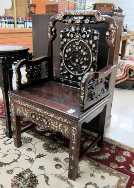 Appraisal: CARVED AND MOTHER-OF-PEARL INLAID HUALIMU ARMCHAIR Chinese export early th