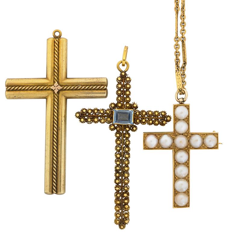 Appraisal: THREE EMBELLISHED YELLOW GOLD CROSS PENDANTS Condition Report