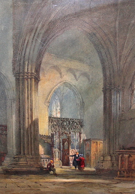 Appraisal: FOLLOWER OF DAVID ROBERTSFigures in a cathedral interior watercolour x