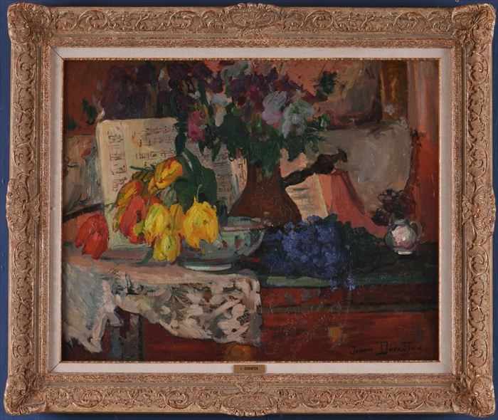 Appraisal: JEANNE DURANTON STILL LIFE WITH YELLOW TULIPS Oil on canvas