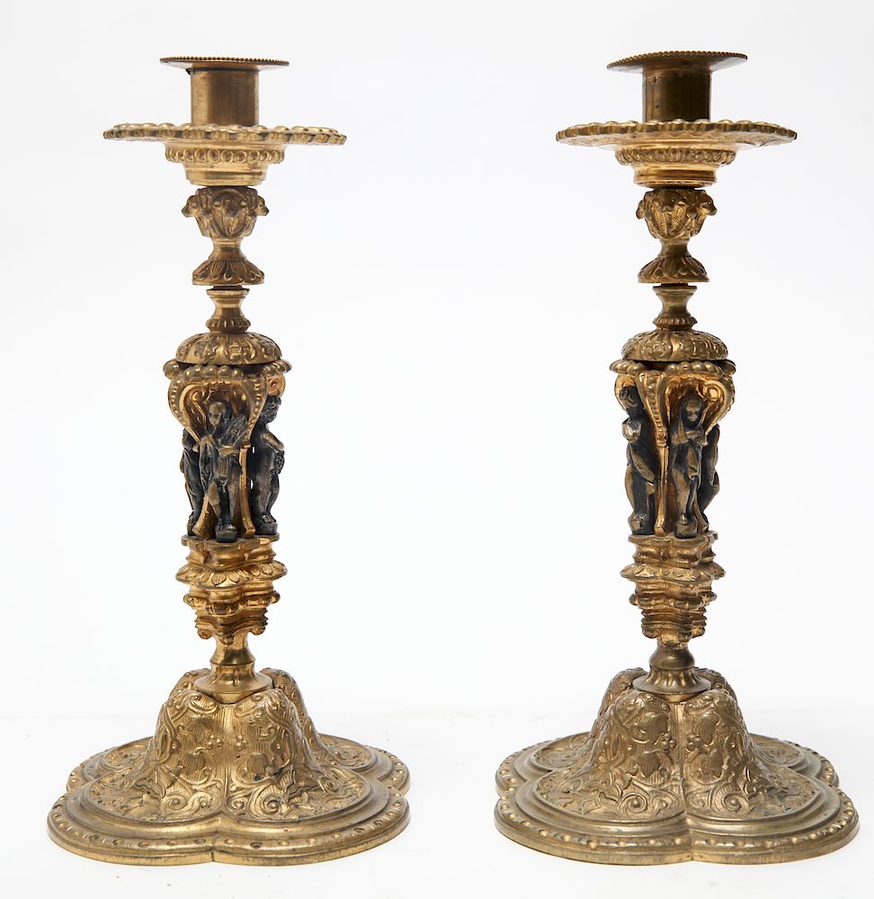 Appraisal: Neoclassical Gilt Bronze Figural Candlesticks Pr Pair of Neoclassical gilt