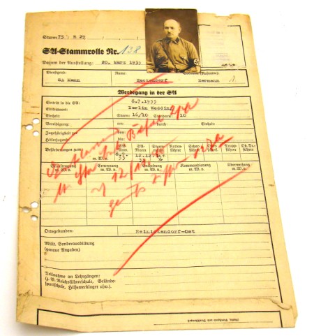 Appraisal: Lot consists of a German WWII document SA-Stammrolle listing information