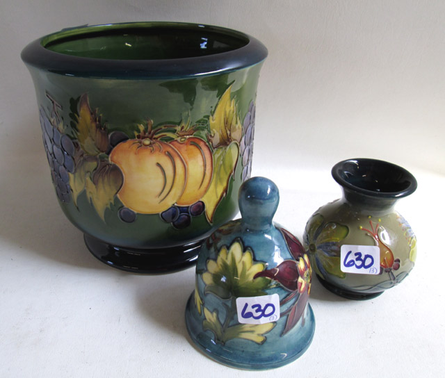 Appraisal: MOORCROFT POTTERY VASE JARDINIERE AND BELL hand painted under glaze