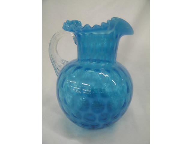 Appraisal: Victorian Blue Opalescent Art Glass Pitcher honeycomb decor