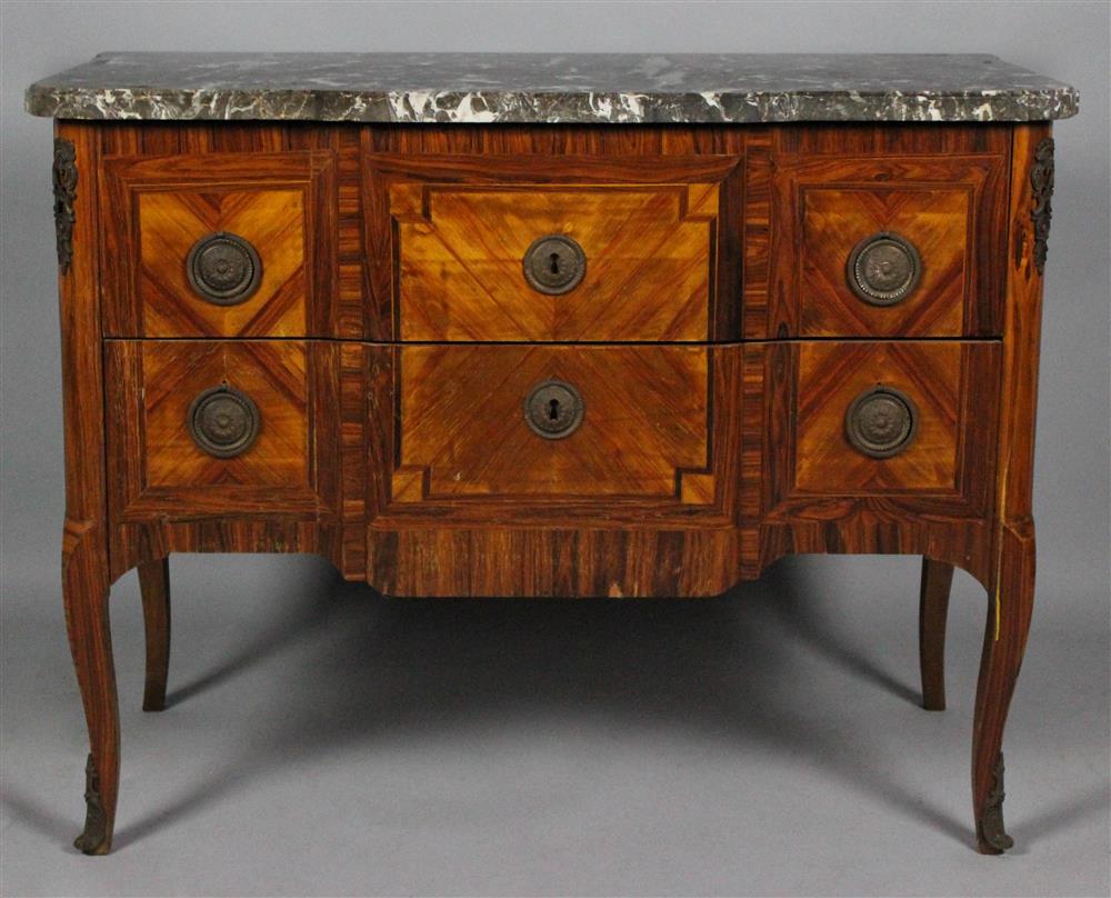 Appraisal: LOUIS XV XVI STYLE TULIPWOOD MARQUETRY COMMODE WITH MARBLE TOP