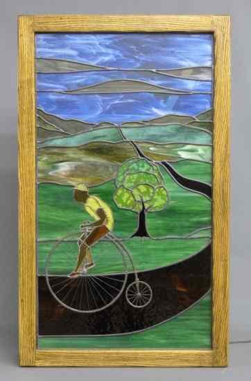 Appraisal: Stained glass with highwheel in custom light box '' x