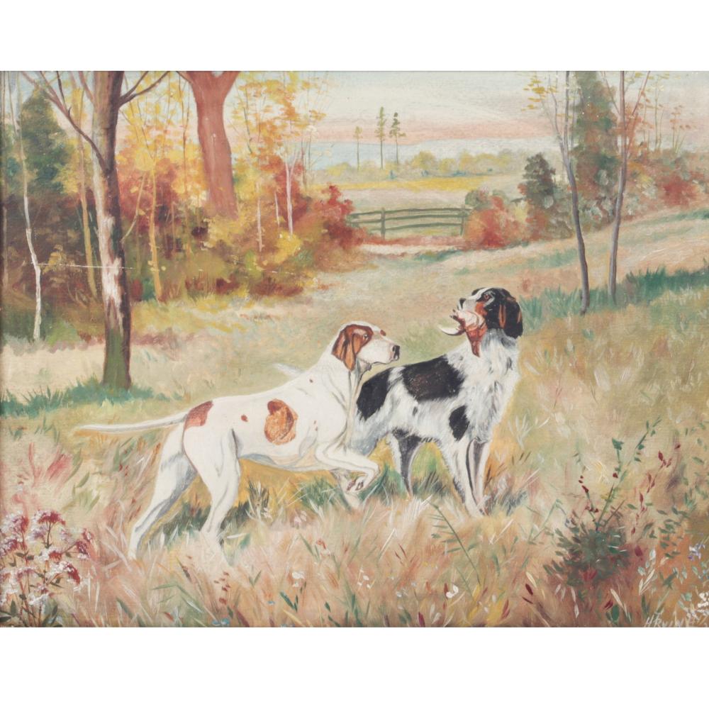 Appraisal: H IRVINE OIL PAINTING ON BOARD WITH TWO HUNTING DOGS