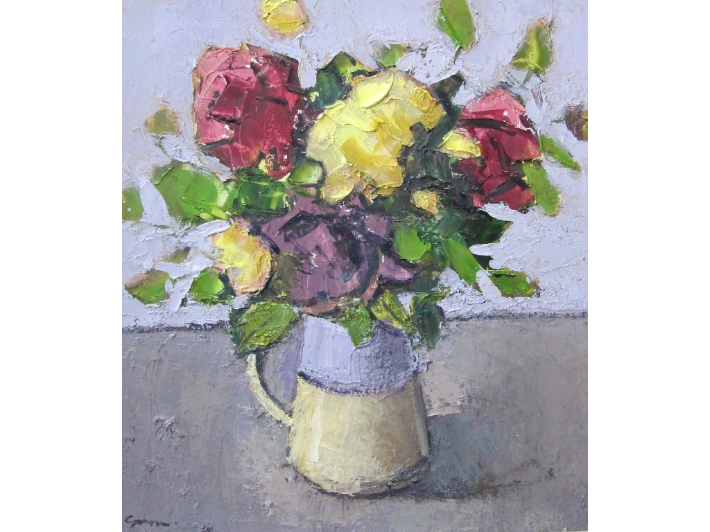 Appraisal: DES GORMAN b Oil on gesso 'Roses from the garden'