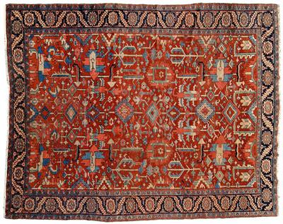 Appraisal: Gorevan rug repeating geometric and curvilinear designs on brick red