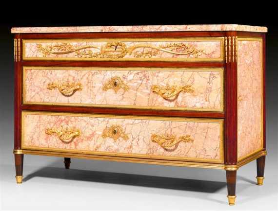 Appraisal: COMMODE WITH MARBLE MARQUETRY Louis XVI and later France Fluted