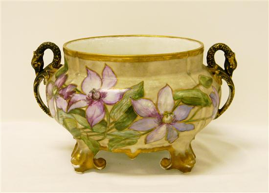 Appraisal: Handpainted double handle jardiniere floral motif some paint loss and