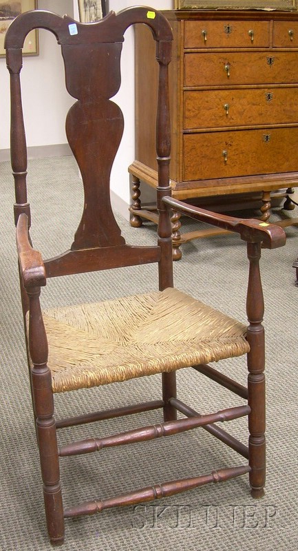 Appraisal: Queen Anne Birch and Turned Ash Armchair with Woven Rush