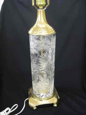 Appraisal: Cut Crystal Table Lamp elaborate floralwith frosted leaves on cylindrical