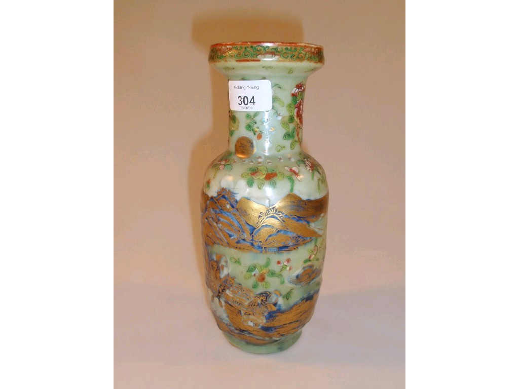 Appraisal: A Cantonese celadon glazed baluster vase with landscape decoration fitted